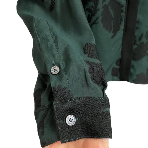 Burberry London Dark Green Black Textured Floral Print Button Up Top Womens US 8 - Picture 2 of 10